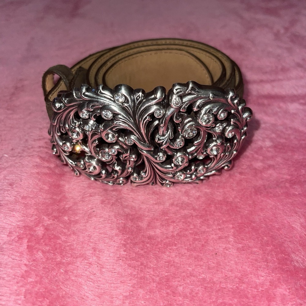 Justin Ladies Brown Suede Embossed Leather Belt Rhinestone Emblesshed Buckle 30